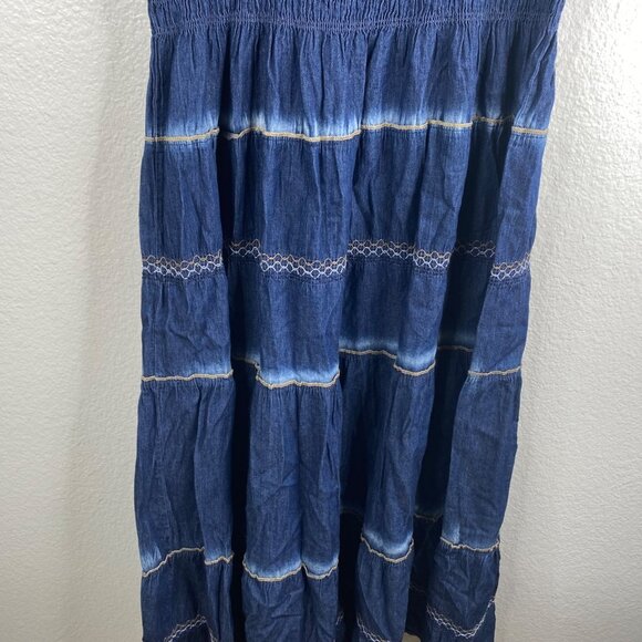 Indigo & Lace Dress Women's Smocked Midi Tiered Denim Blue 1X Boho Country - Picture 11 of 13
